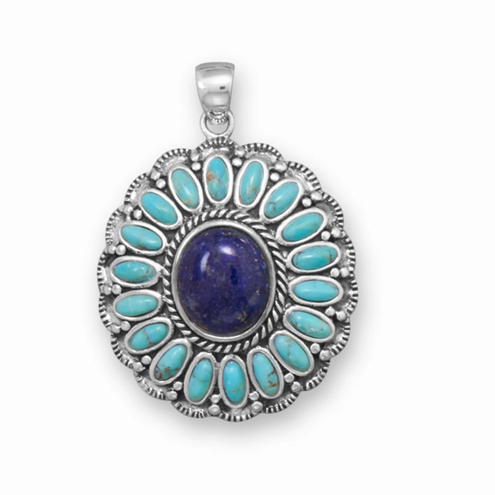 Trendy Fit Large Lapis Lazuli and Reconstituted Turquoise Pendant Sterling Silver Flower