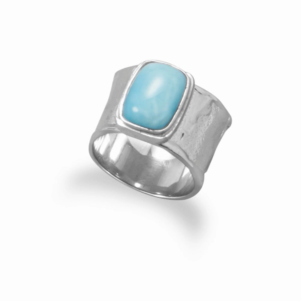 Quick Gift Bright Look Larimar Ring Wide Textured Band Rhodium on Sterling Silver Antiqued Finish