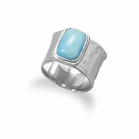 Quick Gift Bright Look Larimar Ring Wide Textured Band Rhodium on Sterling Silver Antiqued Finish