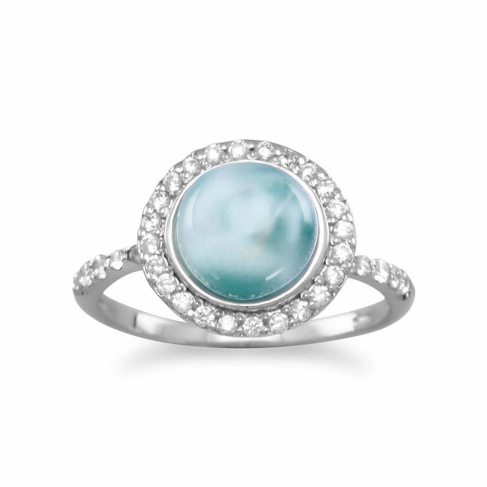 Larimar Ring with Cubic Zirconia Halo Rhodium on Sterling Silver - Nontarnish Classic Aesthetic