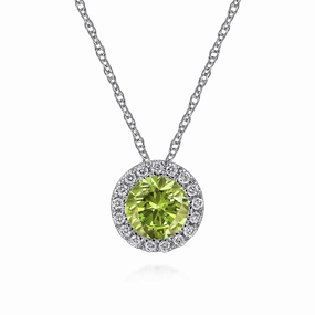 14K White Gold Peridot and Diamond Halo Pendant Necklace Timeless Craft Design Vibrant Jewelry Shine Finish