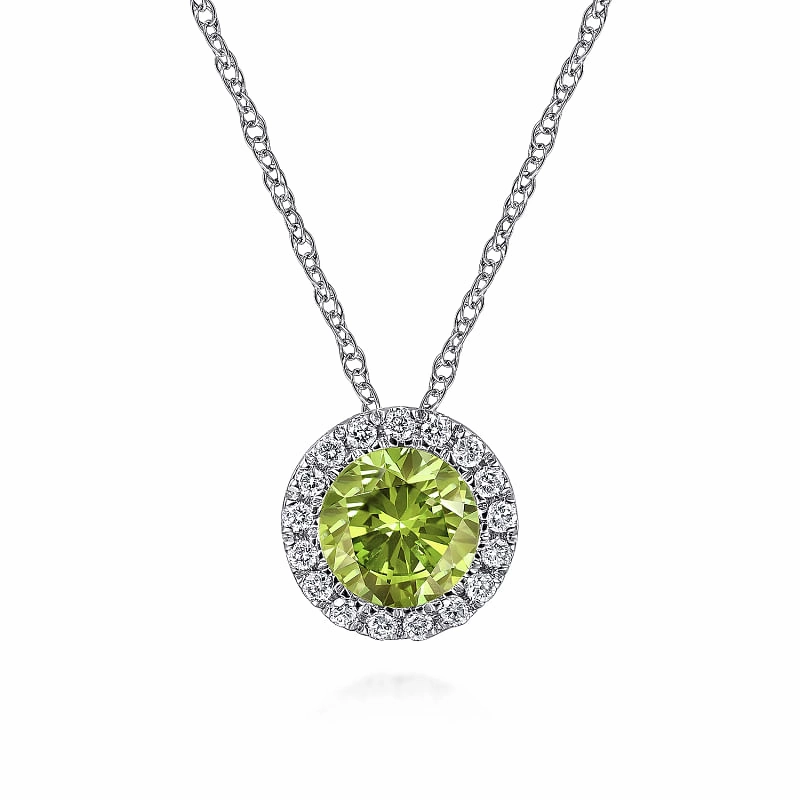 14K White Gold Peridot and Diamond Halo Pendant Necklace Timeless Craft Design Vibrant Jewelry Shine Finish