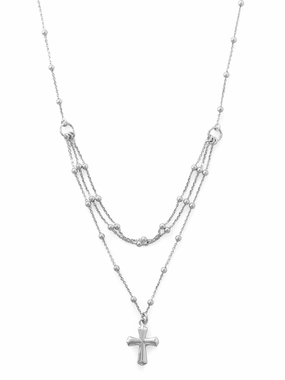 Street Accent Layered Cross Necklace Rhodium on Sterling Silver Satellite Chain Bead