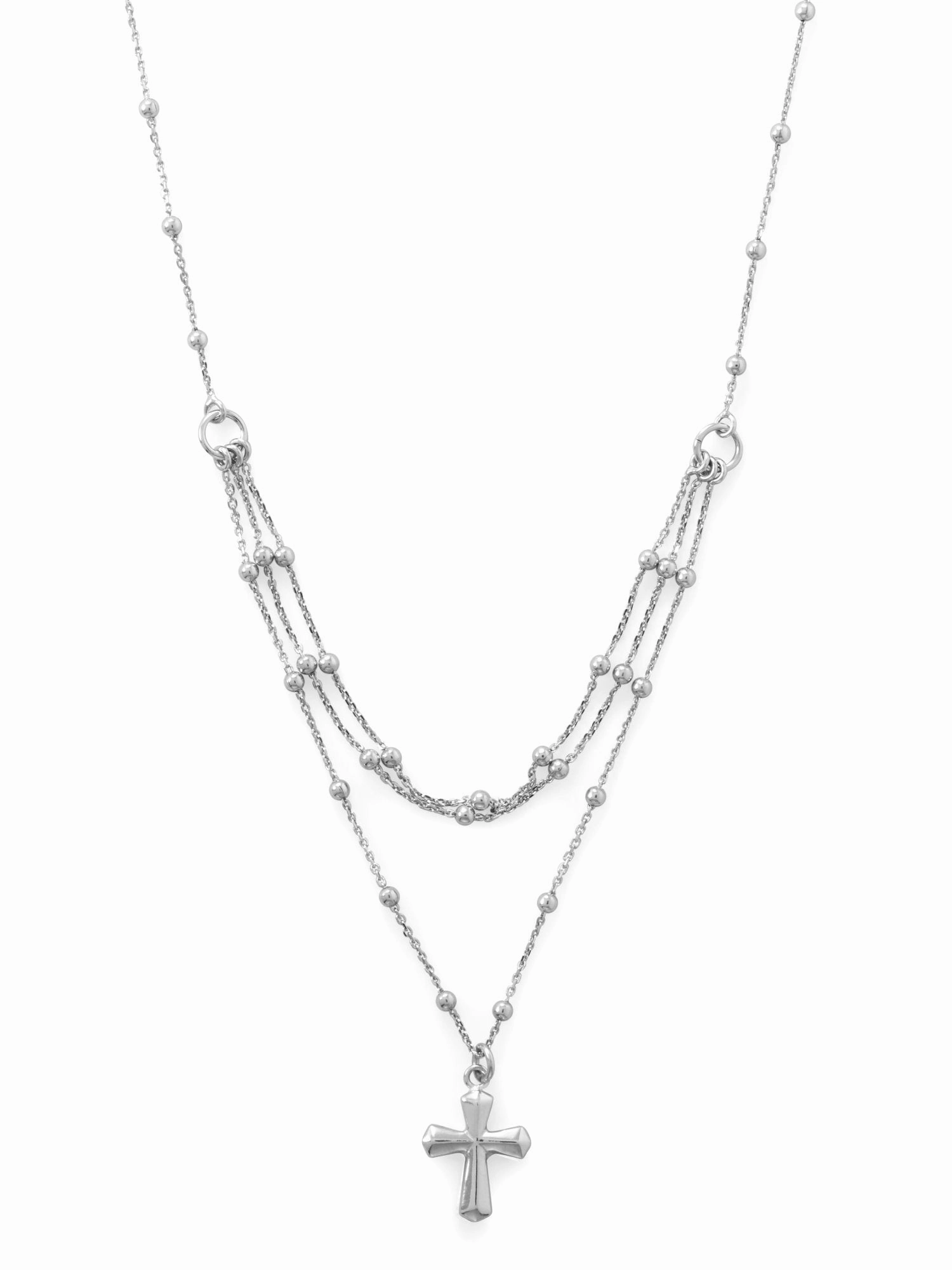 Street Accent Layered Cross Necklace Rhodium on Sterling Silver Satellite Chain Bead