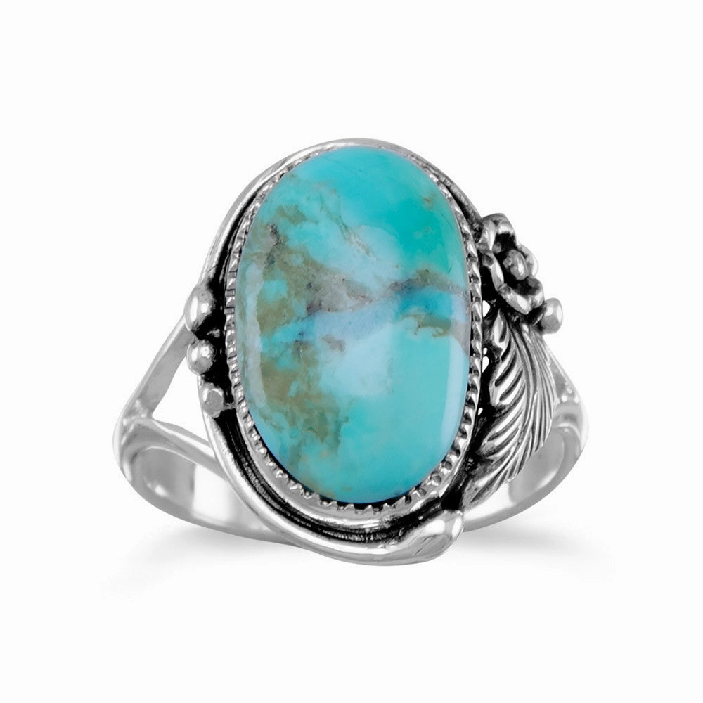 Neutral Tone Leaf and Vine Design Reconstituted Turquoise Ring Sterling Silver