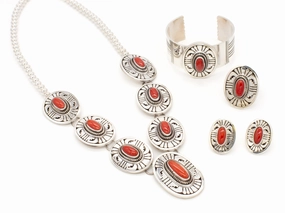 Elegant Style Pieces Fashion Style Leonard Nez Four-Piece Navajo Handmade Sterling Silver Coral Jewelry Set