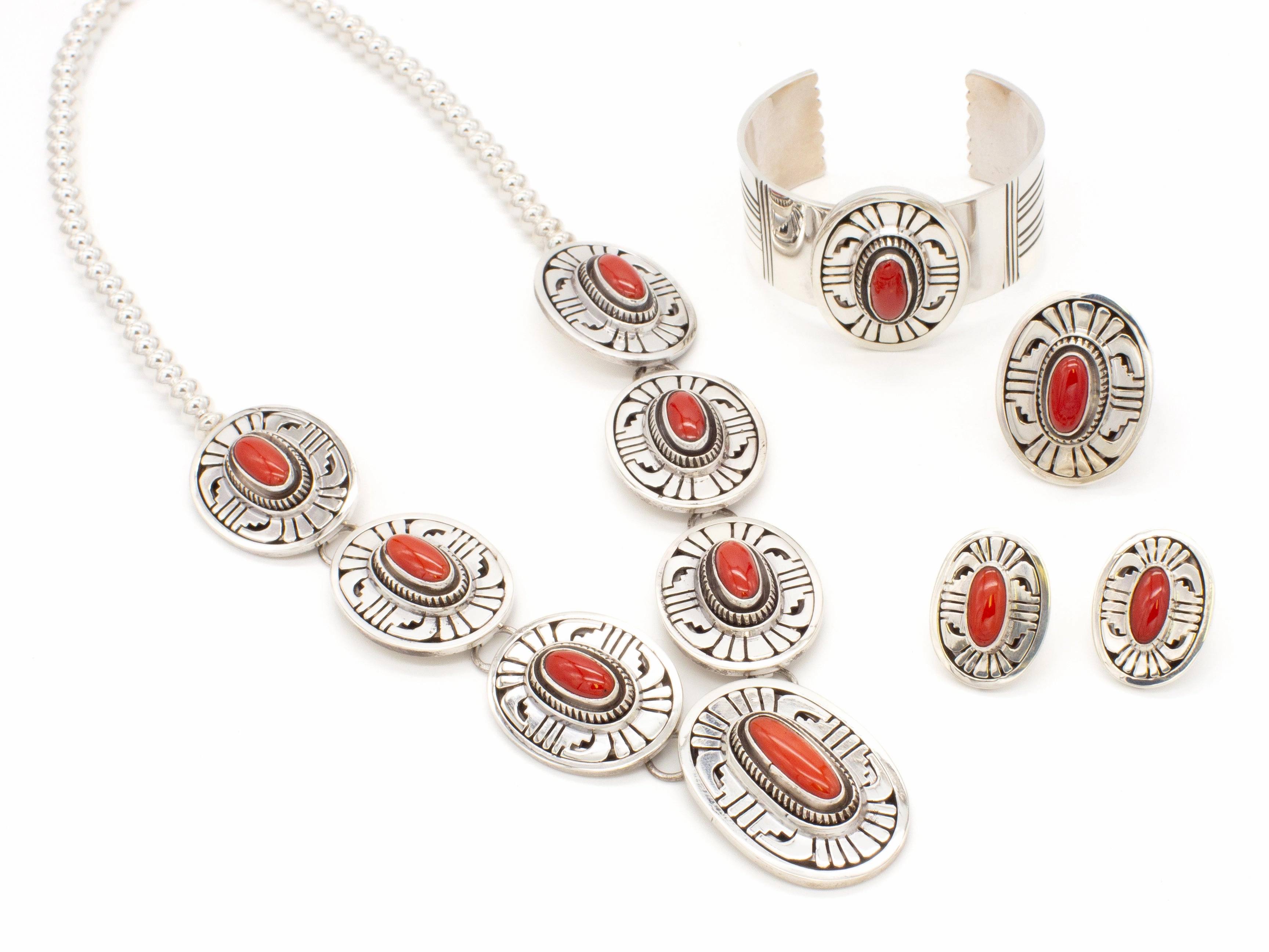Elegant Style Pieces Fashion Style Leonard Nez Four-Piece Navajo Handmade Sterling Silver Coral Jewelry Set