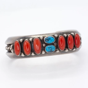 Impeccable Form Everyday Finish Leroy Dayea Navajo Handmade Sterling Silver Turquoise Coral Cuff Bracelet