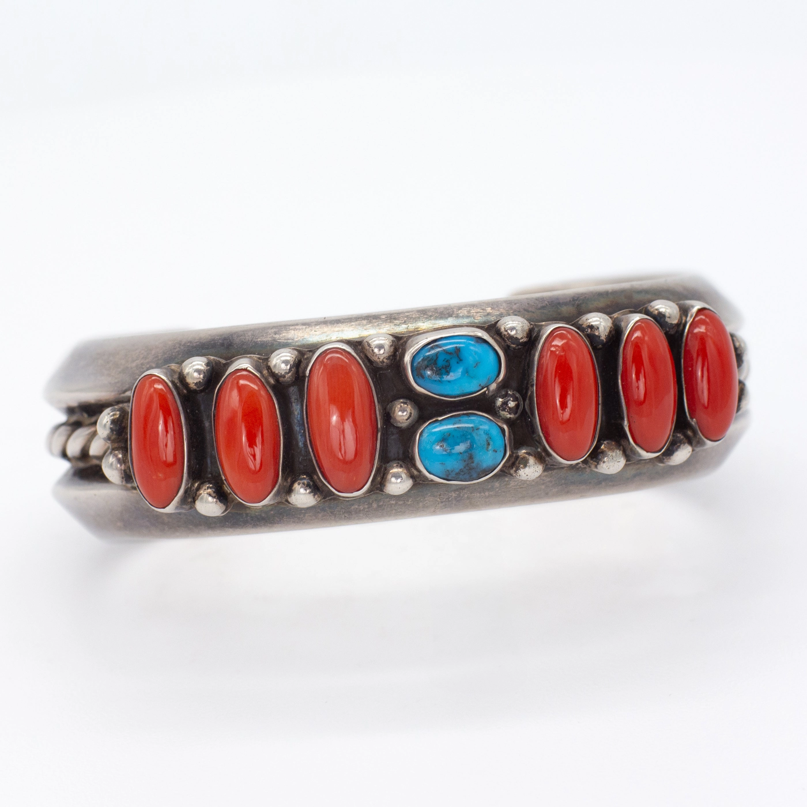Impeccable Form Everyday Finish Leroy Dayea Navajo Handmade Sterling Silver Turquoise Coral Cuff Bracelet