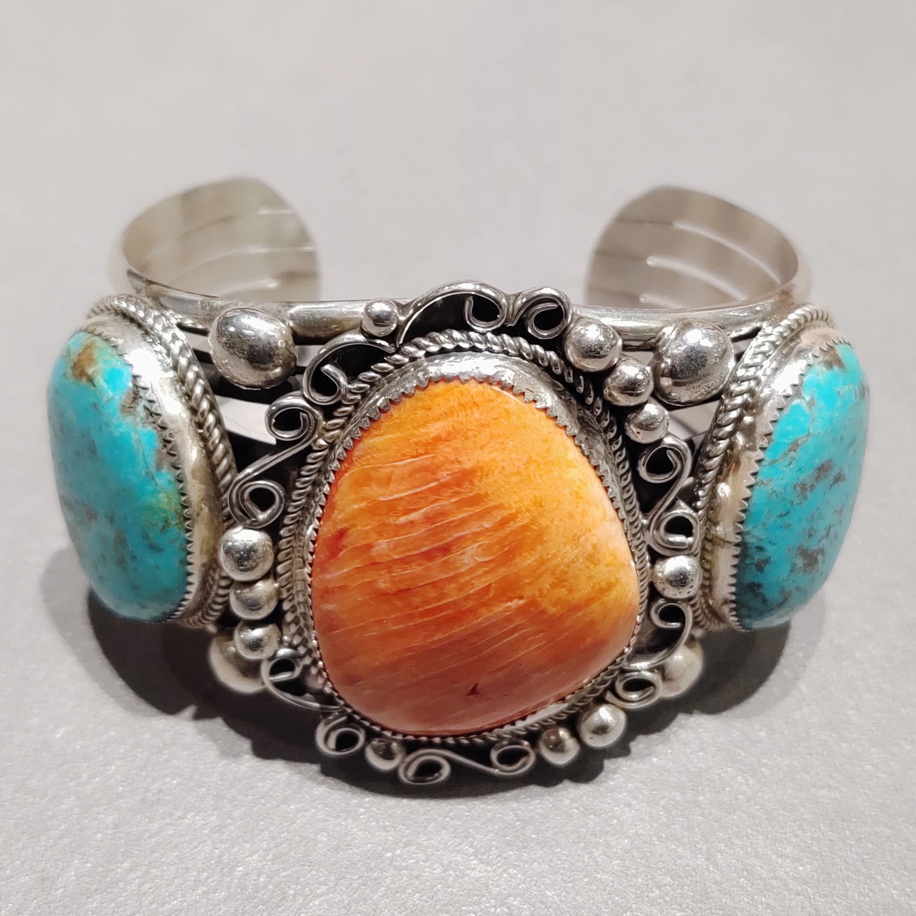 Gleaming Glow Leslie Nez Navajo Turquoise Spiny Oyster Sterling Silver Bracelet - Handmade Native American