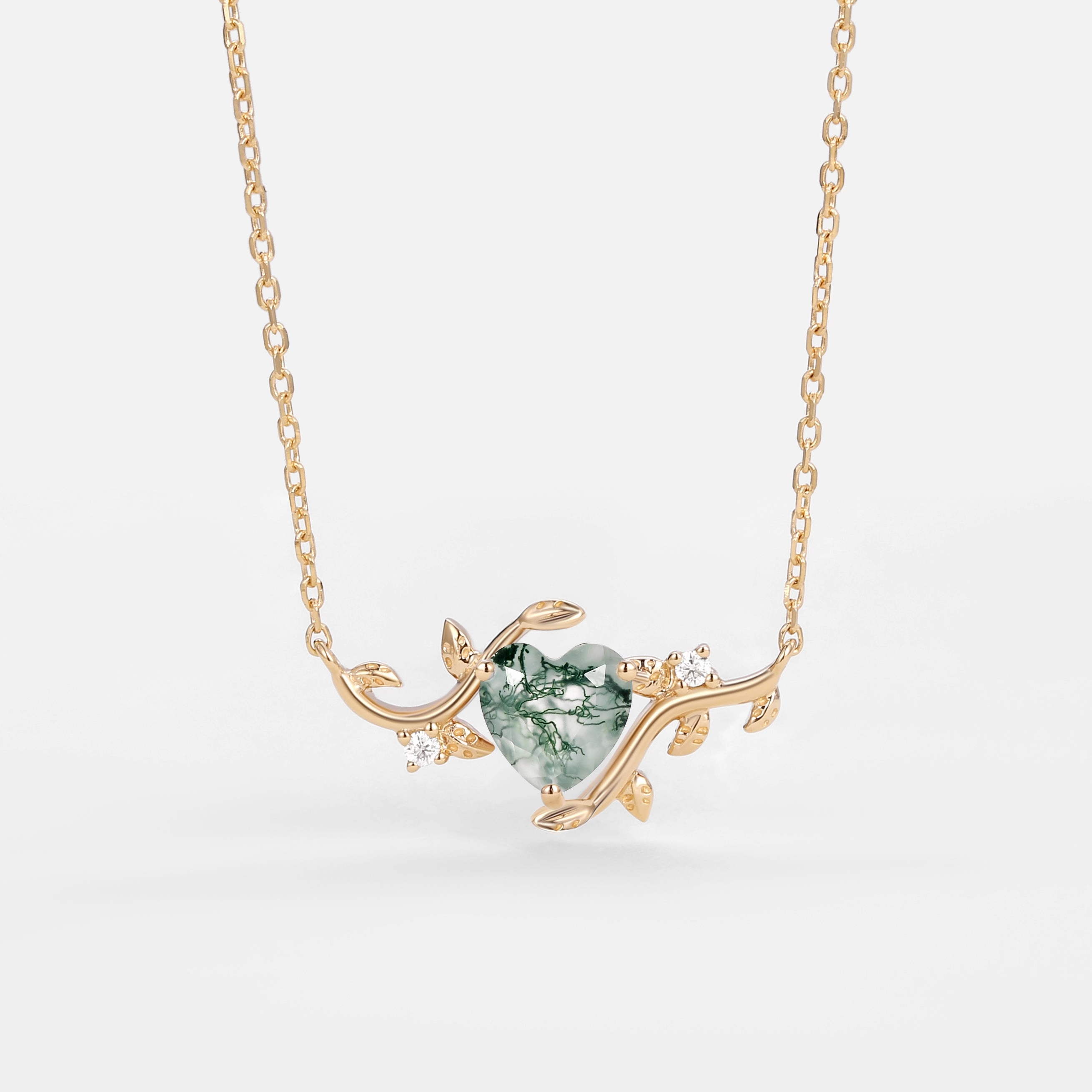 Natural Inspired Heart Moss Agate Leafy Necklace - Willow Bridal Style
