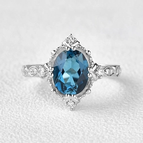 Shiny Glam London Blue Topaz & Moissanite Art Deco Ring