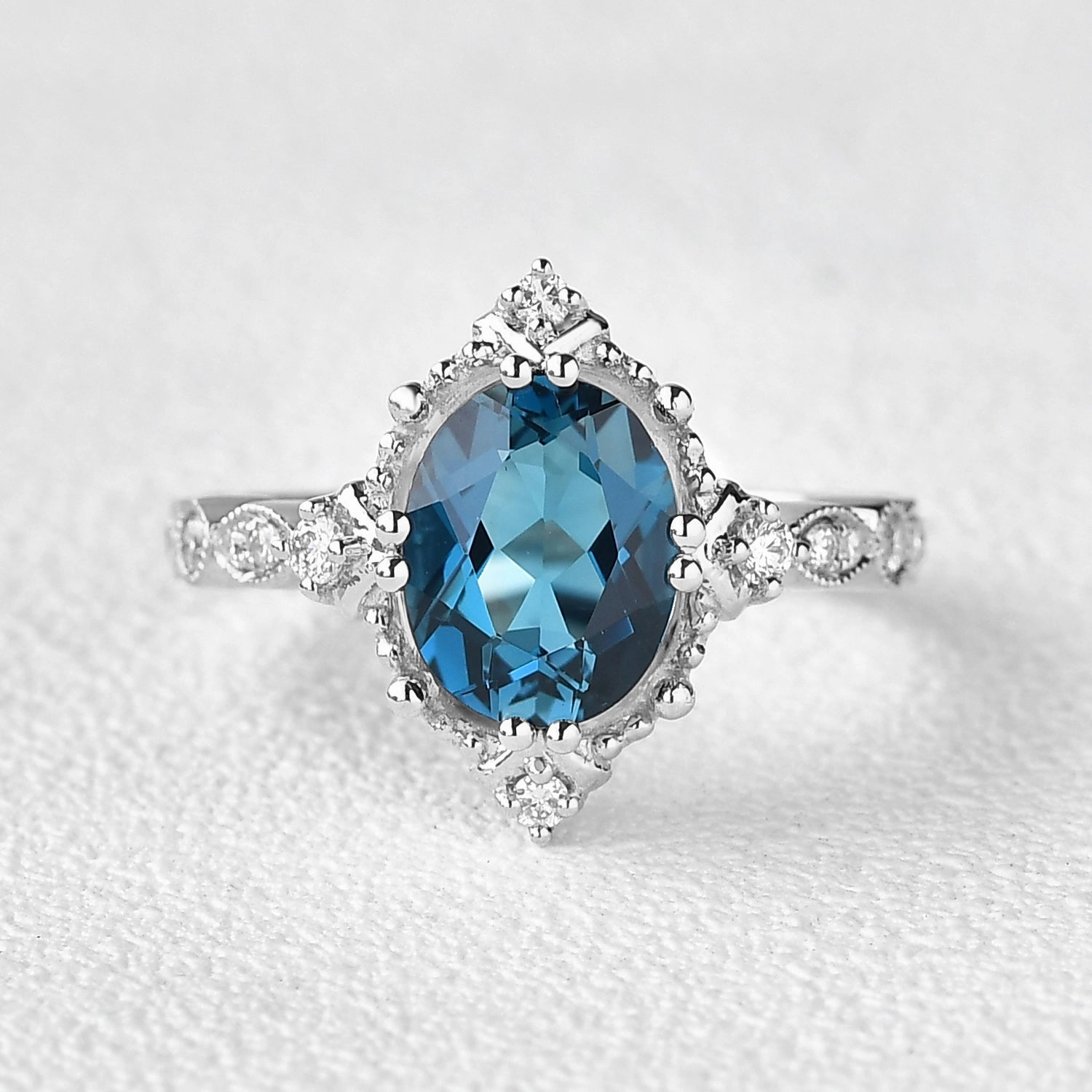 Shiny Glam London Blue Topaz & Moissanite Art Deco Ring