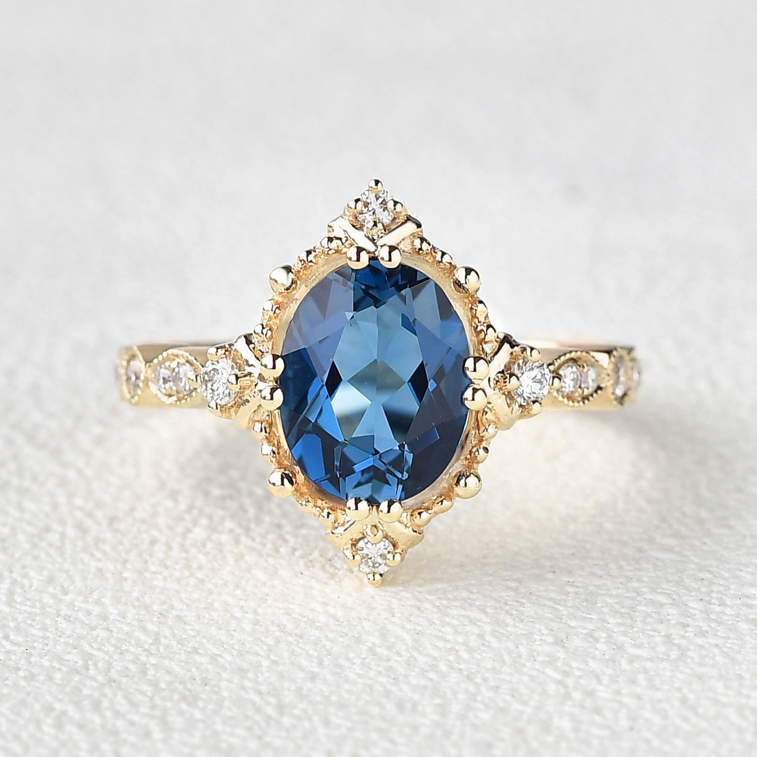 Minimal Edge Natural Flow London Blue Topaz & Moissanite Art Deco Ring