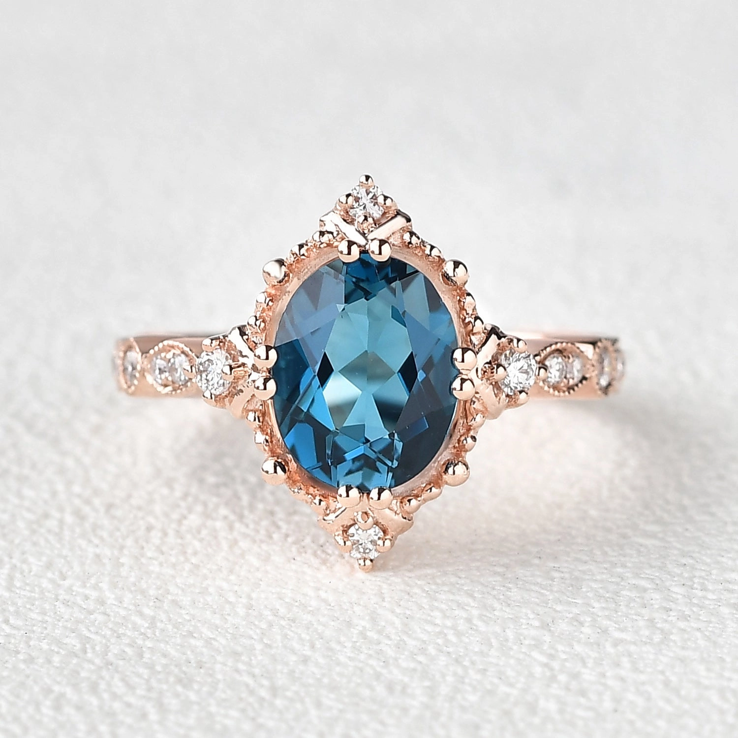 London Blue Topaz & Moissanite Art Deco Ring Elegant Occasion Occasion Ready