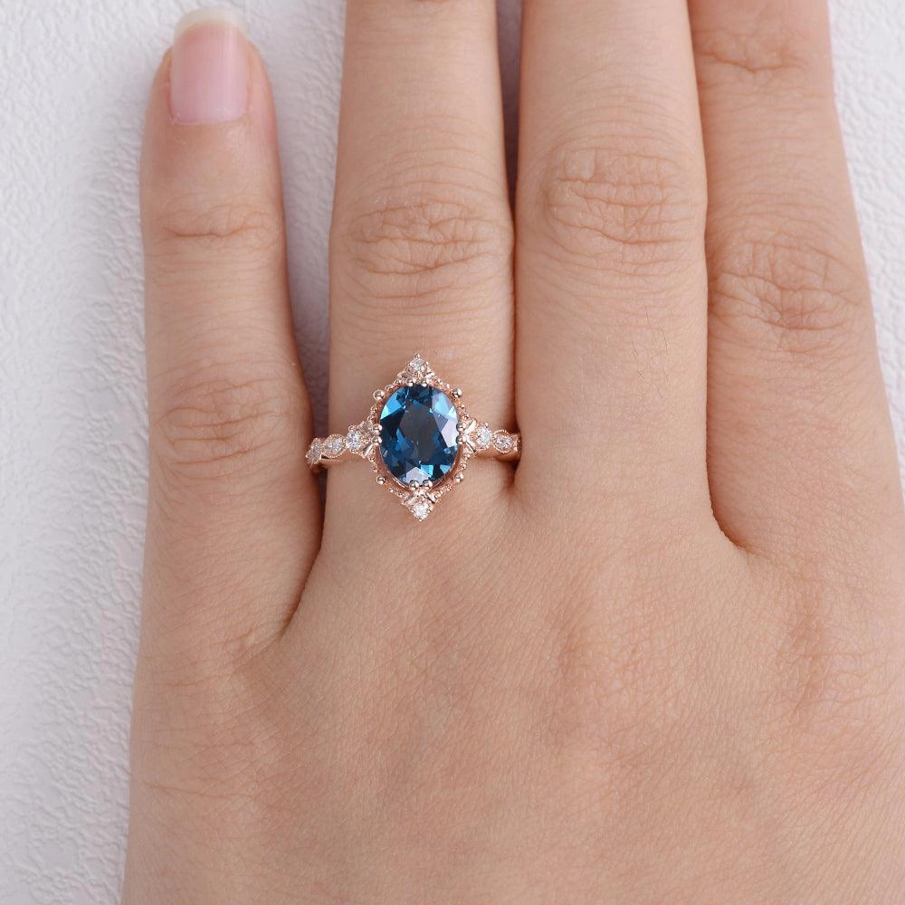 London Blue Topaz & Moissanite Art Deco Ring Bold Radiance