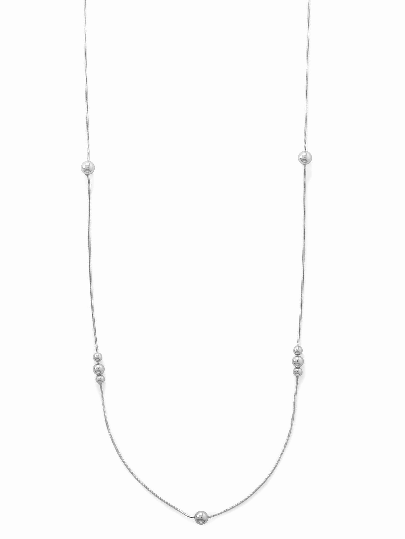 Long 34-inch Snake Chain Bead Necklace Rhodium on Sterling Silver Graceful Shine Allure Finish