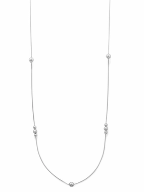 Long 34-inch Snake Chain Bead Necklace Rhodium on Sterling Silver Graceful Shine Allure Finish