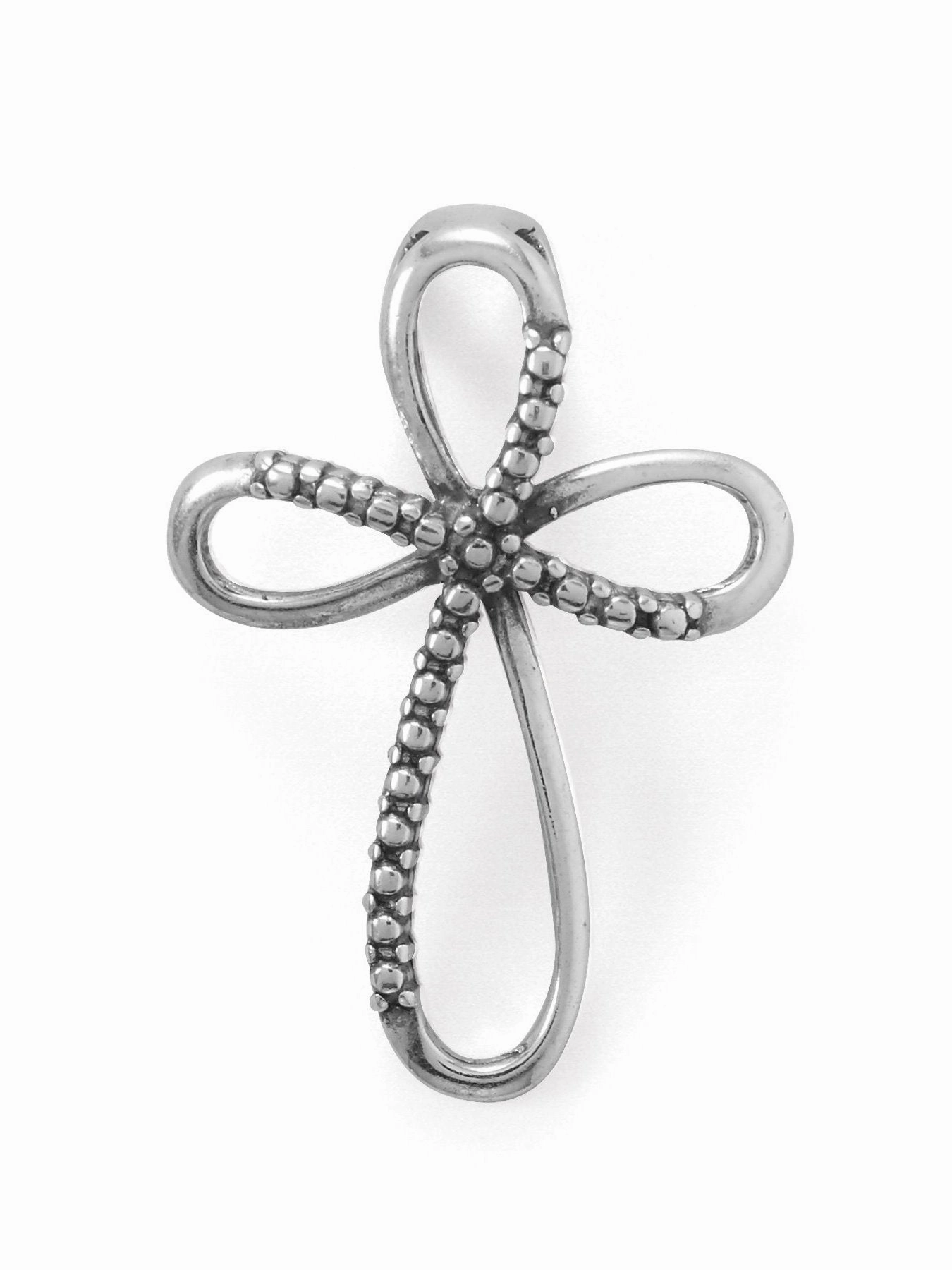 Looped Cross Pendant Slide with Bead Design Antiqued Sterling Silver Trendy Edge