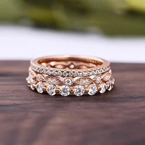 Polished Shape Trend Accent Louily Art Deco 3-Pieces Stackable Wedding Band Set In Sterling Silver