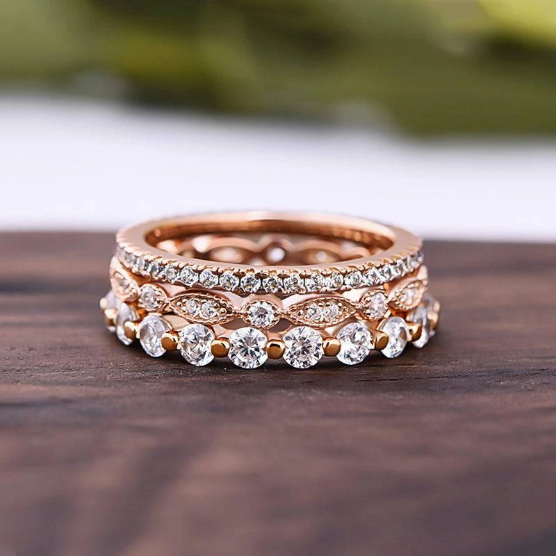 Fashion Jewelry Look Louily Art Deco 3-Pieces Stackable Wedding Band Set In Sterling Silver