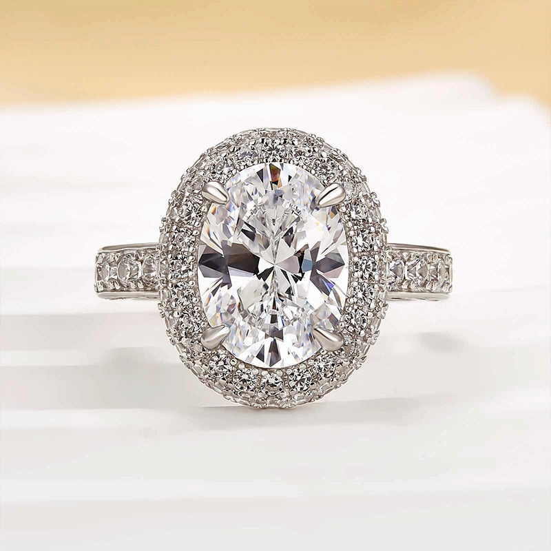 Louily Beautiful 3.0 Carat Double Halo Oval Cut White Gold Engagement Ring Modern Form Glossy Look