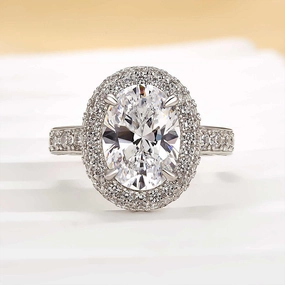 Louily Beautiful 3.0 Carat Double Halo Oval Cut White Gold Engagement Ring Modern Form Glossy Look