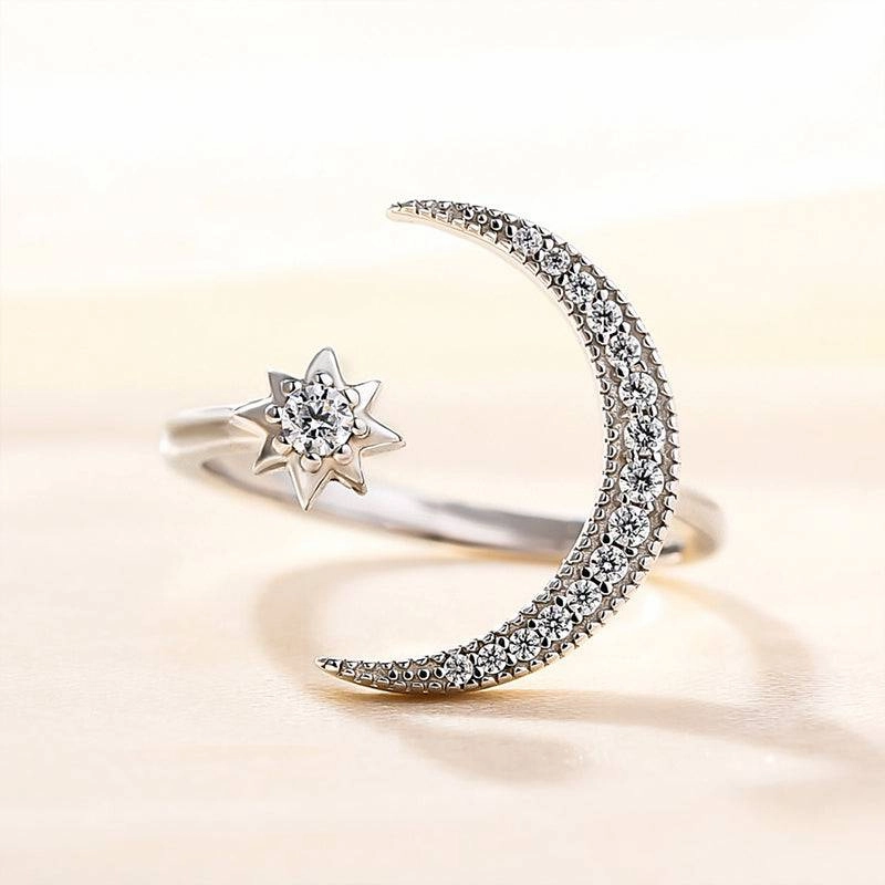 Louily Crescent Moon & Star Adjustable Open Ring In Sterling Silver Bridal Style