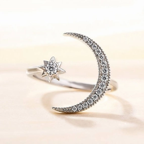 Louily Crescent Moon & Star Adjustable Open Ring In Sterling Silver Bridal Style