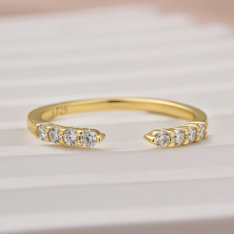 Louily Dainty Moissanite Yellow Gold Open Wedding Band In Sterling Silver Layered Detail