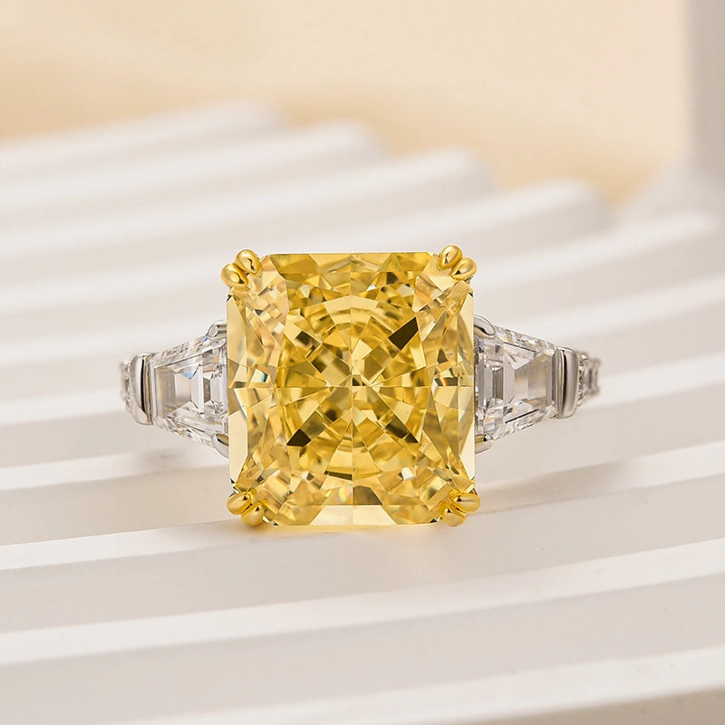 Louily Dazzling Yellow Stone Radiant Cut Three Stone Engagement Ring In Sterling Silver Flawless Finish