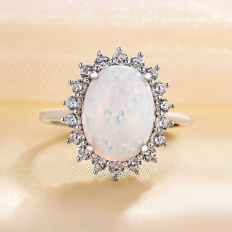 Vibrant Craftwork Elegant Mood Louily Elegant Halo Oval Cut Opal Stone Engagement Ring In Sterling Silver