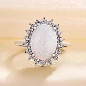 Gentle Radiance Louily Elegant Halo Oval Cut Opal Stone Engagement Ring In Sterling Silver