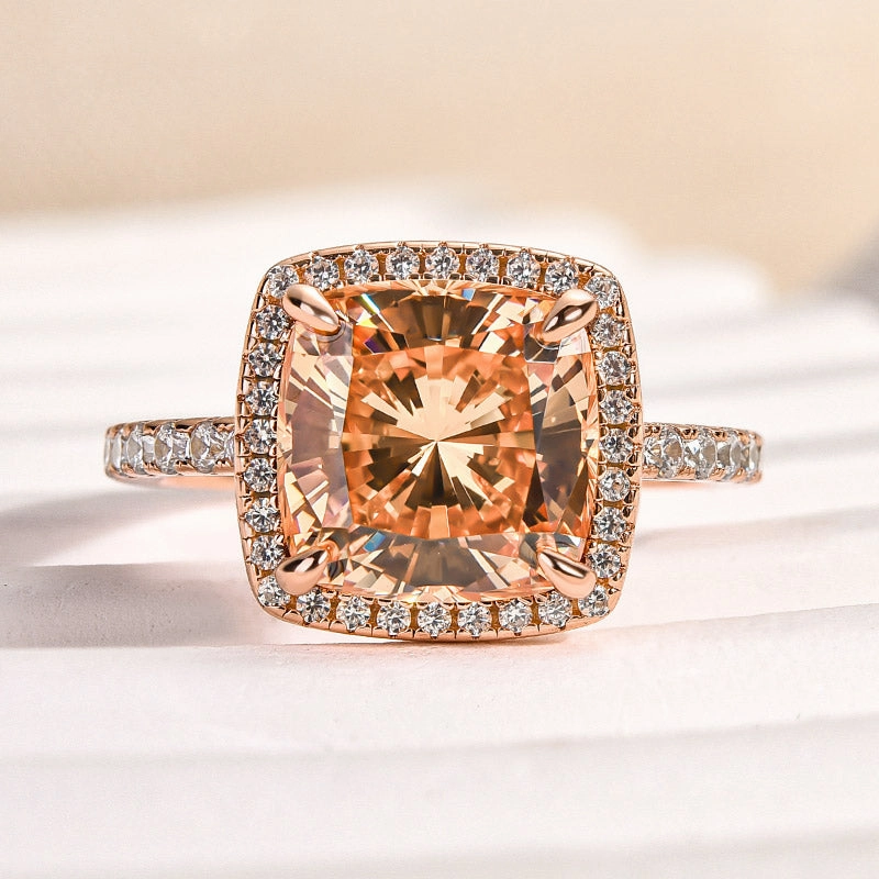 Glow Piece Louily Elegant Rose Gold Halo Cushion Cut Champagne Engagement Ring In Sterling Silver