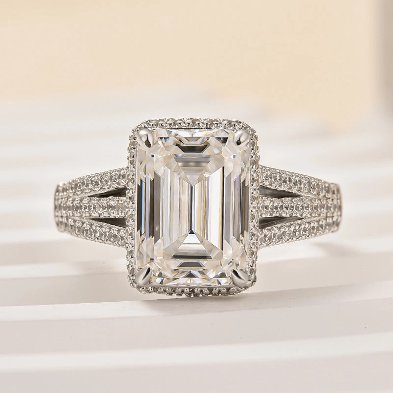 Delicate Form Louily Exclusive Split Shank Emerald Cut Engagement Ring In Sterling Silver