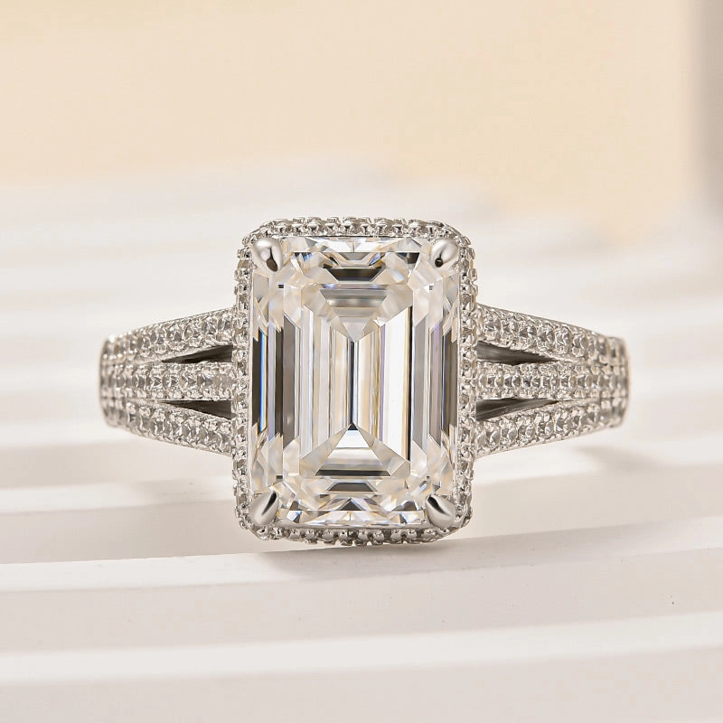 Louily Exclusive Split Shank Emerald Cut Engagement Ring In Sterling Silver Artisan Crafted Stylish Edge