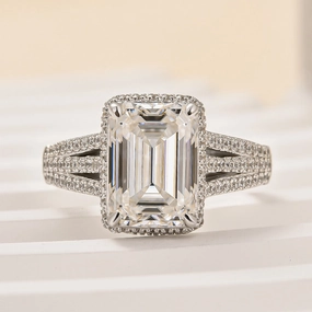 Delicate Form Louily Exclusive Split Shank Emerald Cut Engagement Ring In Sterling Silver