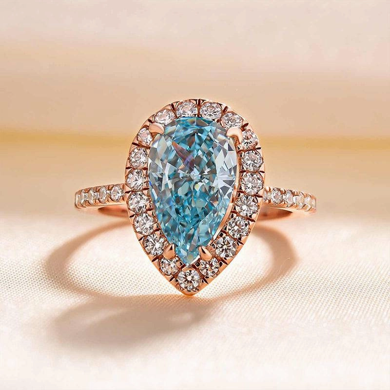 Louily Exquisite Rose Gold Halo Pear Cut Cyan Blue Engagement Ring In Sterling Silver Custom Gifts