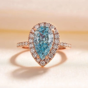 Louily Exquisite Rose Gold Halo Pear Cut Cyan Blue Engagement Ring In Sterling Silver Custom Gifts