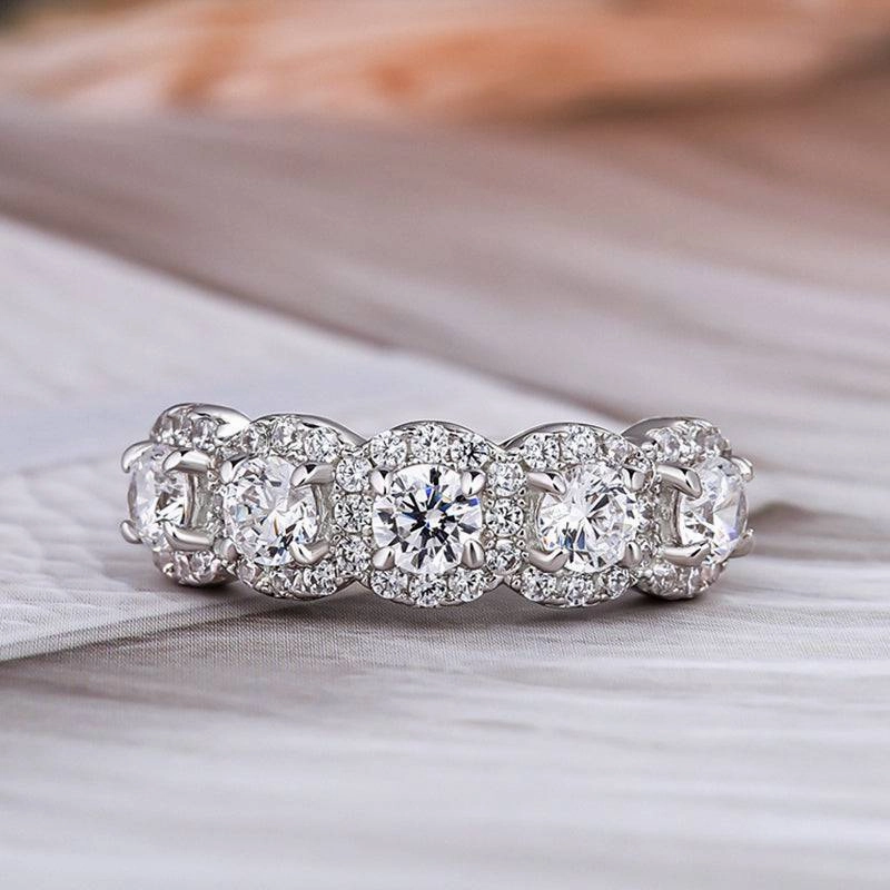 Louily Fashion Halo Five Stone Anniversary Ring In Sterling Silver Romantic Mood Sparkle Surface