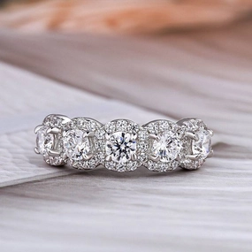 Louily Fashion Halo Five Stone Anniversary Ring In Sterling Silver Romantic Mood Sparkle Surface