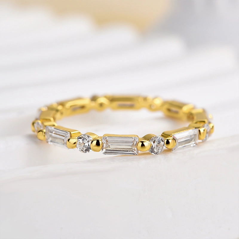 Louily Fashion Yellow Gold Emerald & Round Cut Diamond Wedding Band In Sterling Silver Distinctive Detail