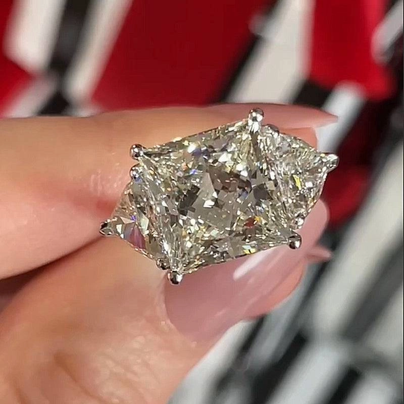 Louily Glittering Crushed Ice Radiant Cut Three Stone Engagement Ring Subtle Detail Shimmer Light