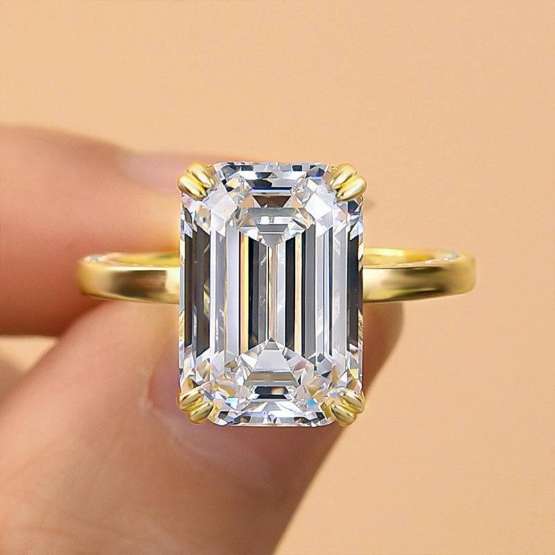Louily Gorgeous Yellow Gold Emerald Cut Engagement Ring Crisp Lines Vibrant Piece
