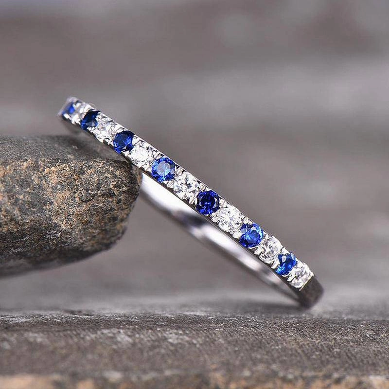 Louily Half Eternity Blue And White Sapphire Wedding Band For Women In Sterling Silver Everyday Pick Vibrant Highlight