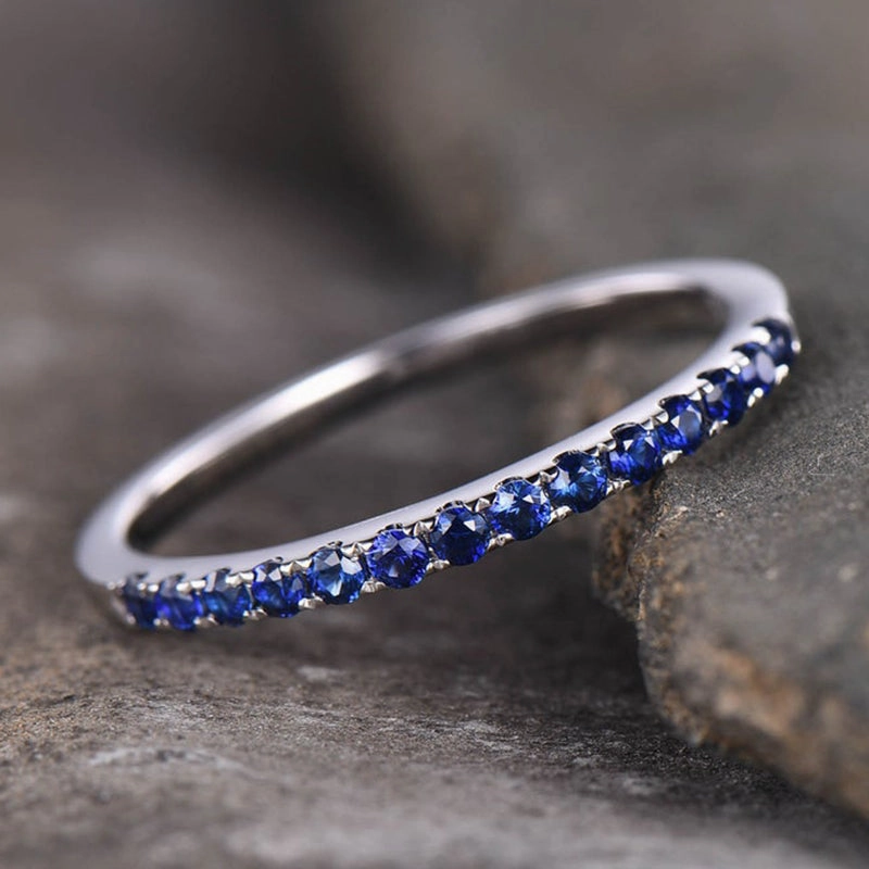 Layer mood Louily Half Eternity Blue Sapphire Wedding Band For Women In Sterling Silver