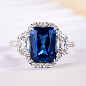 festival look Radiant Shine Look Louily Halo Blue Sapphire Cushion Cut Three Stone Engagement Ring In Sterling Silver