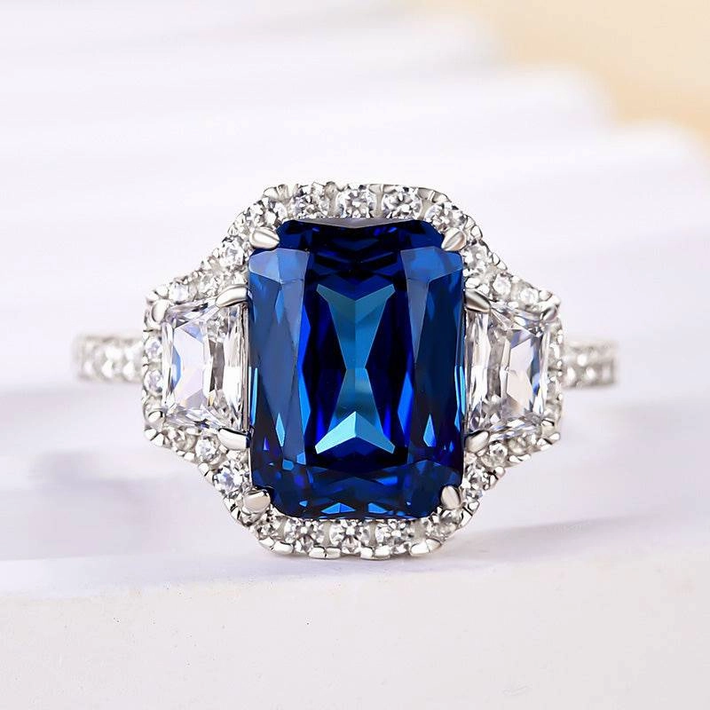 Stylish charm Handcrafted Jewelry Finish Louily Halo Blue Sapphire Cushion Cut Three Stone Engagement Ring In Sterling Silver