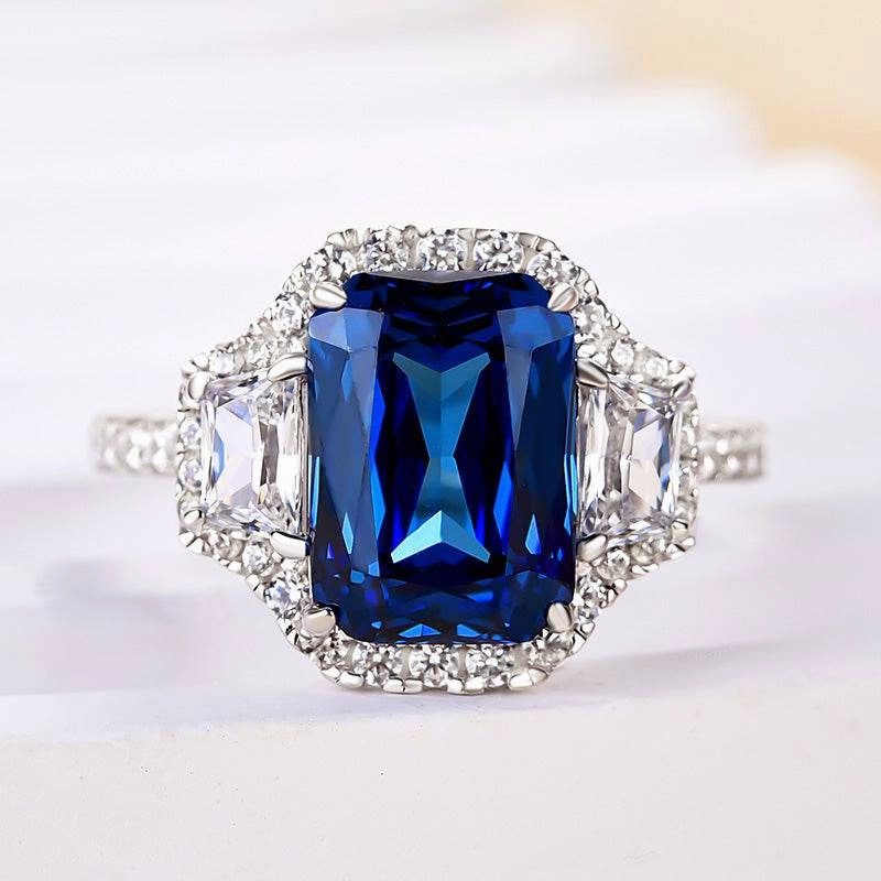 Louily Halo Blue Sapphire Cushion Cut Three Stone Engagement Ring In Sterling Silver Evening Feature Creative Feature