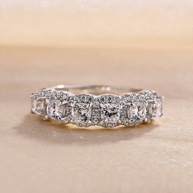 Louily Halo Cushion Cut Six Stone Anniversary Ring In Sterling Silver premium design